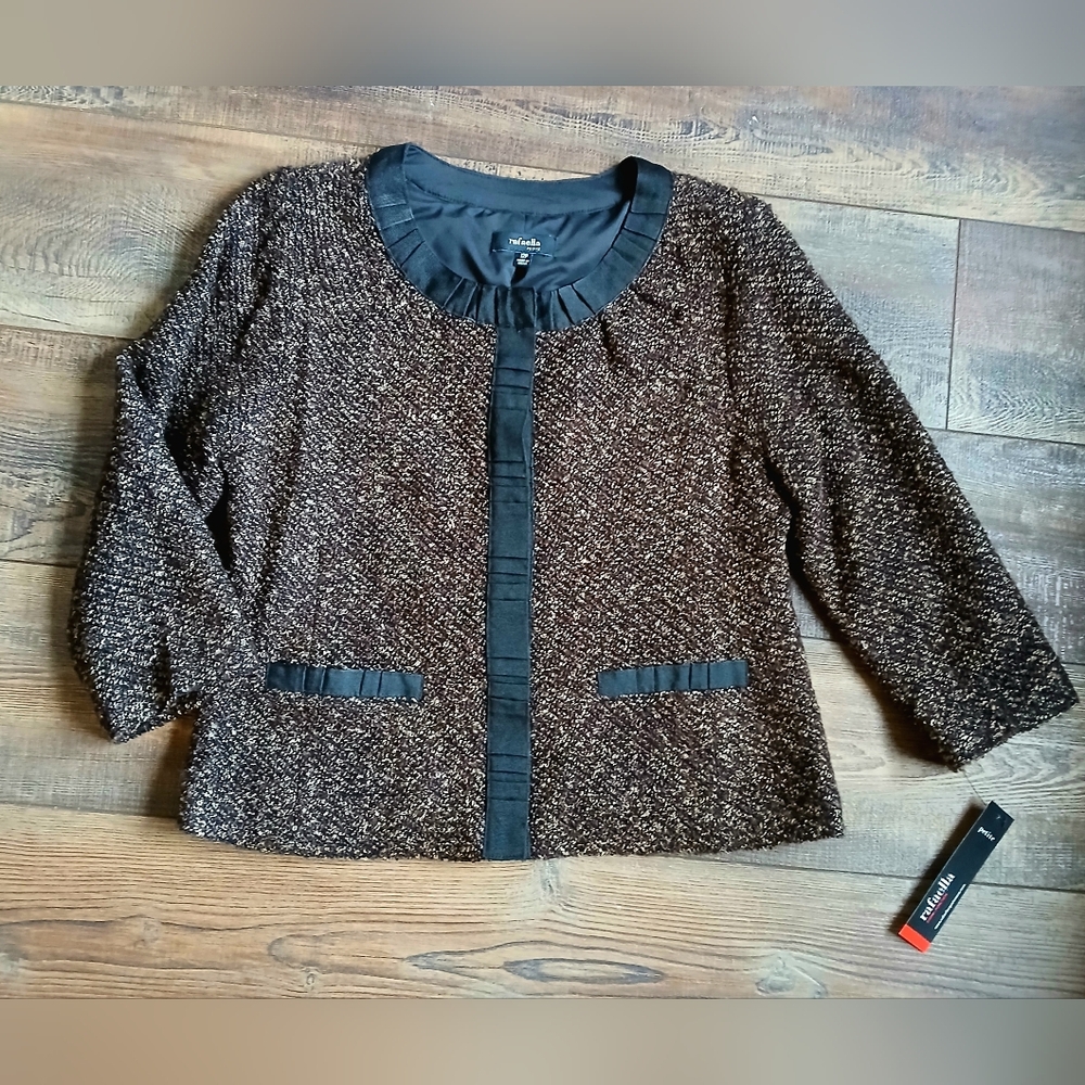 New Rafaella Toppers Brown Business Casual Boucle Tweed Top 3/4 Sleeve